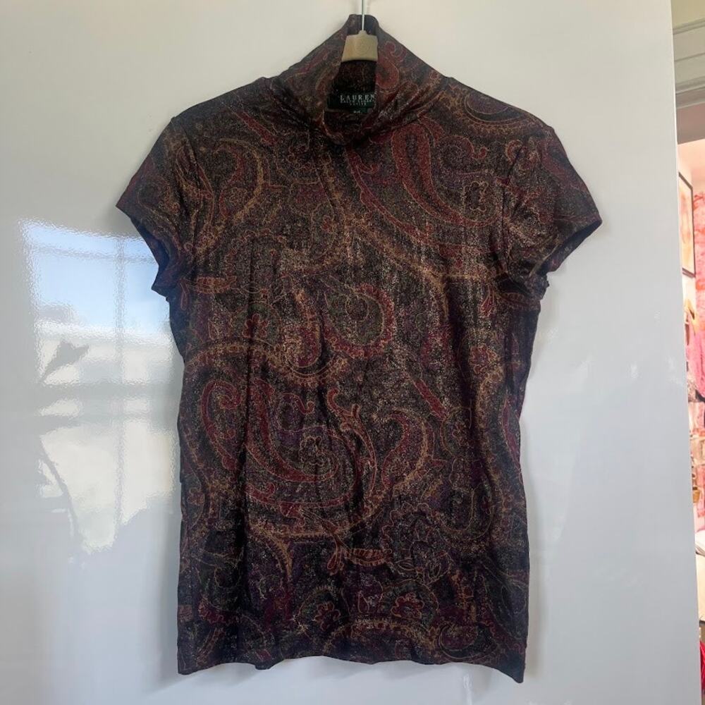 Lauren Ralph Lauren Autumn Paisley Shimmer Mock Neck Cap Sleeve Top S - Picture 2 of 3